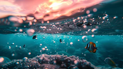 Fotobehang 水面の上がピンクの空、2分割された下半分が泡と珊瑚がある南国の海の中をクマノミが泳いでいる水中写真 © dont