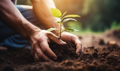 Hands of senior man holding green seedling growing in fertile soil, Farmer hands planting seeds in soil. Gardening and agriculture concept.AI Generative - obrazy, fototapety, plakaty