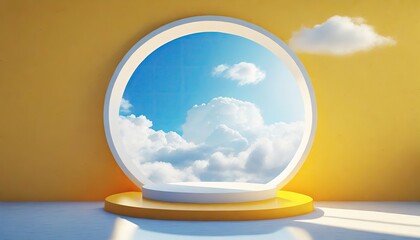 A yellow circle window wall podium with blue sky and clouds.