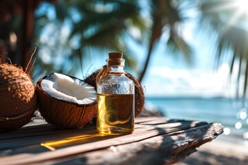 Glass bottle of oil next to coconuts on wooden table top, blurred sunny tropical beach background. - obrazy, fototapety, plakaty