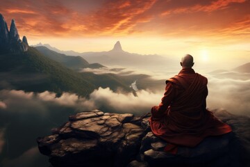 Zen Monk Meditating, sitting on a mountain t with a view of the valley., in his search of Spiritual Enlightenment, Compassion, Love, and Inner peace. A representation of Devotion, Solitude and Grace