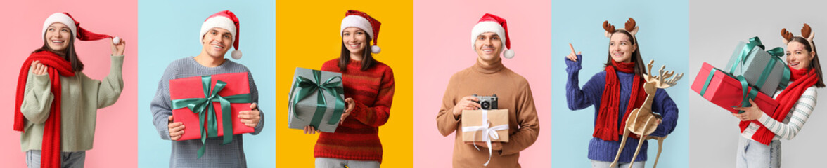 Set of young woman and man in winter clothes and with Christmas gifts on color background