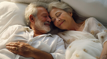 Image of a senior couple smiling and cuddling on comfortable bedding.