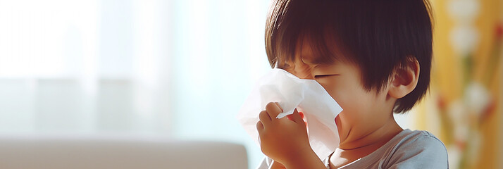 Child sniffing nose with tissue - obrazy, fototapety, plakaty