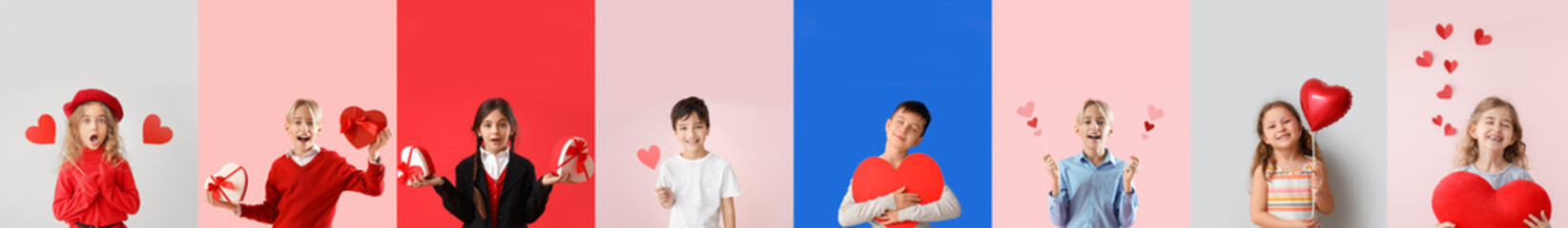 Set of little children with hearts on color background