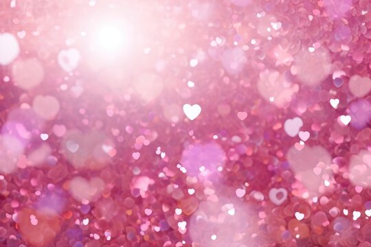 Blurred glittering hearts and lights. Gradient pink and purple abstract backdrop. Romantic and love concept. Valentines day background for design greeting card, banner, flyer, poster