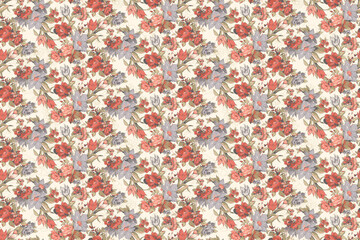 seamless pattern of vintage flowers, ethnic vibe, grunge design, 60s wallpaper style