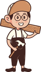 Cute Kawaii Male Carpenter Holding a Wooden Plank and Hammer