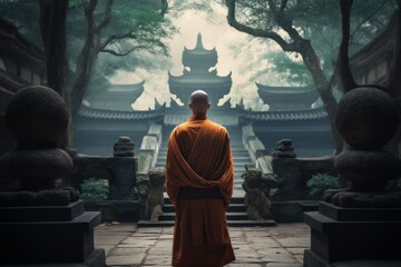 Zen monk in walking Meditation, practicing Mindfulness and Contemplation in his search for Spiritual Enlightenment,  Compassion, Love, and Inner Peace - obrazy, fototapety, plakaty