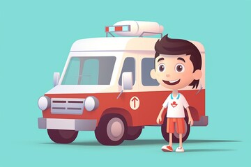Illustration of a young patient with a doctor standing by a cartoon ambulance car. Generative AI