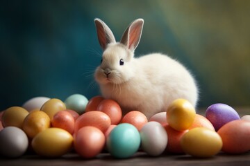 Fototapeta na wymiar adorable Easter bunny by vibrant eggs. Generative AI