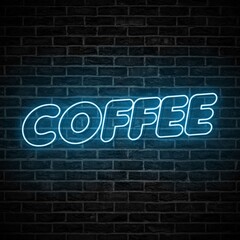 Coffee neon sign logo illustration, emblem in neon style, bright night sign, coffee night advertisement. Neon blue coffee typography on brick wall.