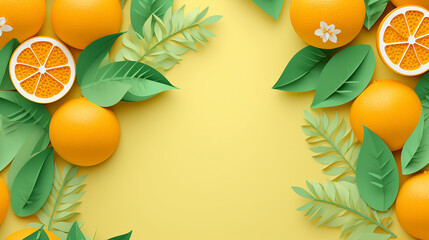 fresh orange fruit with leaves background in paper art style