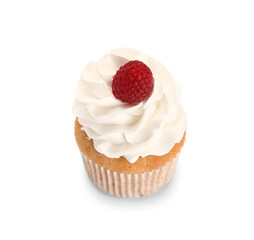 Tasty raspberry cupcake on white background