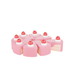 3D illustration of 8 slices of chocolate glazed cake with a real strawberry on top of whipped cream, isolated on transparent background