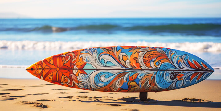 Surfboard on beach with for surfing area. Sea and sunlight. Travel adventure and water sport. relaxation and summer vacation concept. colorfull tone image.