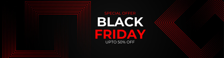 Black Friday Sale Horizontal Banner with Dark Shiny Balloons on dark Background with Place for text. 3d black and blue realistic balloons and sale text. cover, banner, website. Vector illustration