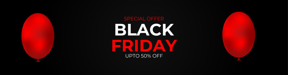 Black Friday and Cyber Monday Sale Horizontal Banner with Dark Shiny Balloons on dark Background with Place for text. 3d black and blue realistic balloons and sale text. cover, banner, website.