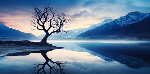 A beautiful view of a lone leafless tree in the river with shadows. with a dark blue atmosphere