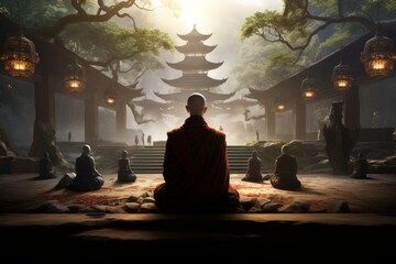 Zen Monks Meditating in an Ancient Temple  in their Spiritual Search for Enlightenment,  Compassion, Love, and Inner Peace - obrazy, fototapety, plakaty
