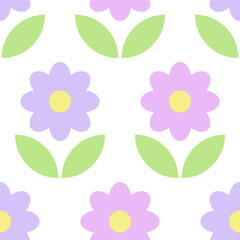 Cute baby flowers on a white background. Children's or holiday background. Pastel colors. Flat style. Isolated. Seamless pattern. Background for paper, cover, fabric, textile, dishes, interior decor. 