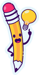 Kawaii Pencil Character Getting Idea with Light Bulb Illustration