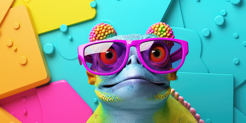 3d cartoon colorful chameleon wearing sunglasses on colorful background, copy space