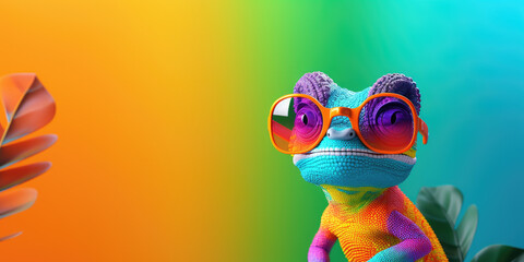 3d cartoon colorful chameleon wearing sunglasses on colorful background, copy space