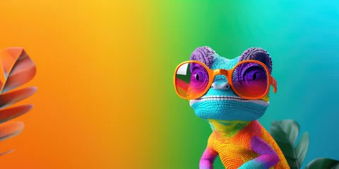 Zelfklevend Fotobehang 3d cartoon colorful chameleon wearing sunglasses on colorful background, copy space © Kien