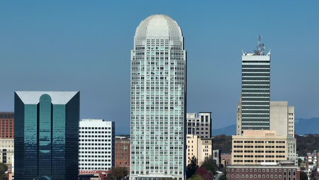 Winston-Salem skyline in North Carolina. Aerial view of 100 North Main Street, Winston Tower, GMAC Tower, and Reynolds Building.