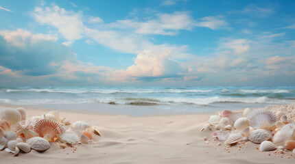 Obraz na płótnie Canvas tropical beach Seashells on the sand overlooking the sea and sky.