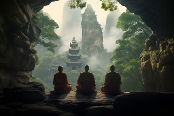 Zen Monks sitting in Meditation, in a Cave overlooking Ancient Temples in their Spiritual Search for Enlightenment, Compassion, Love, and Inner Peace - obrazy, fototapety, plakaty