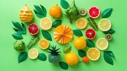 top view of various handmade colorful origami fruits isolated on green