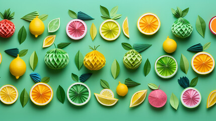 top view of various handmade colorful origami fruits isolated on green background - obrazy, fototapety, plakaty