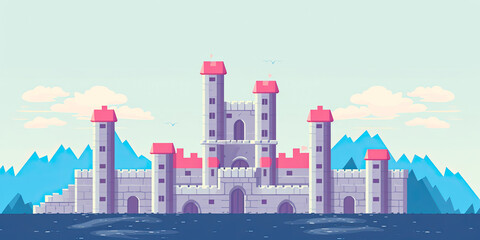 Castle background video game style illustration castles towers 8-bit, vintage computer graphics, generated ai	 - obrazy, fototapety, plakaty