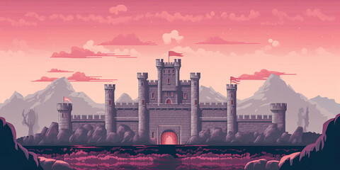 Castle background video game style illustration castles towers 8-bit, vintage computer graphics, generated ai	