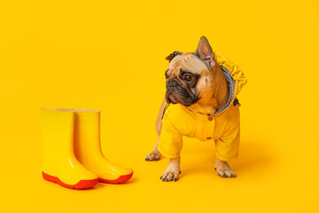 Cute French bulldog in raincoat with gumboots on yellow background