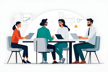 Cartoon character illustration, with a group of people meeting at a desk, simple style, teamwork, bold colors, white background.