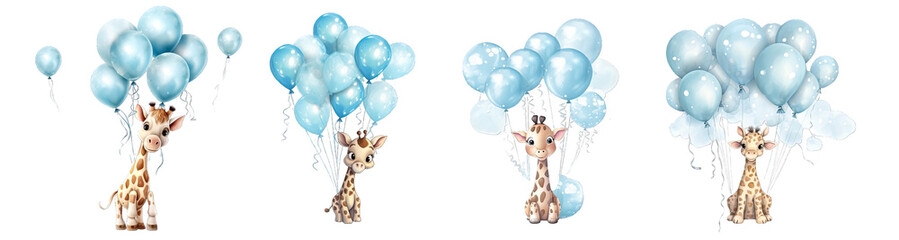 Naklejki  Collection of PNG. Light blue cute giraffe floating in the air with balloons. Children's book illustration style isolated on a transparent background.