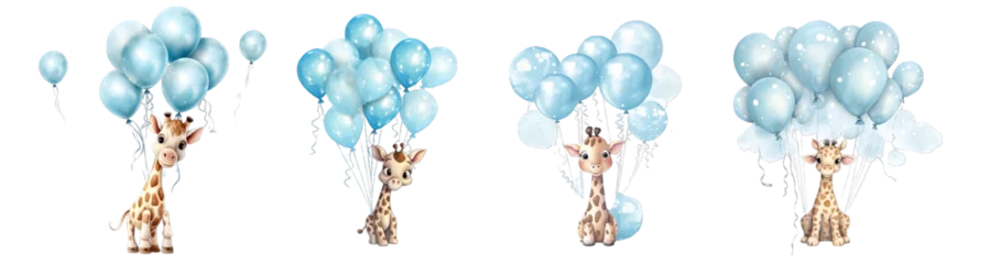 Poster Collection of PNG. Light blue cute giraffe floating in the air with balloons. Children's book illustration style isolated on a transparent background. © morepiixel
