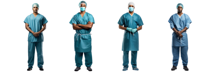 Collection of PNG. Group of multiethnic surgeon doctors dressed in blue operating room gowns standing isolated on a transparent background.