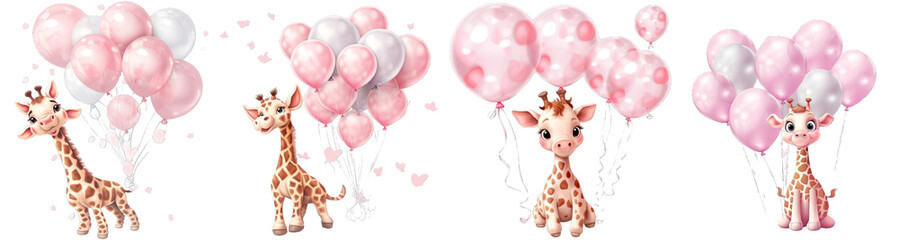 Collection of PNG. Pink cute giraffe floating in the air with balloons. Children's book illustration style isolated on a transparent background.