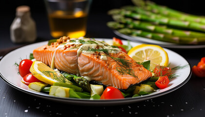 Grilled salmon fillet with asparagus and lemon generated by AI