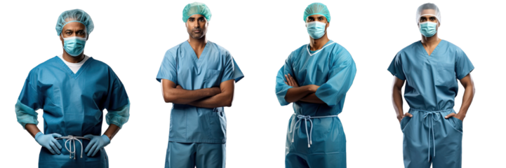 Collection of PNG. Group of multiethnic surgeon doctors dressed in blue operating room gowns standing isolated on a transparent background.