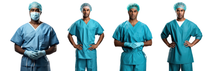Collection of PNG. Group of multiethnic surgeon doctors dressed in blue operating room gowns standing isolated on a transparent background.