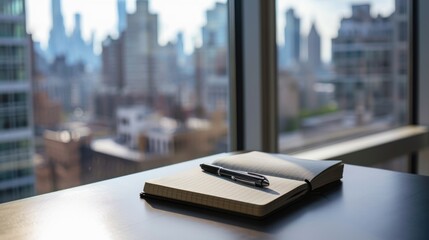 Notebook and Pen with Cityscape View
