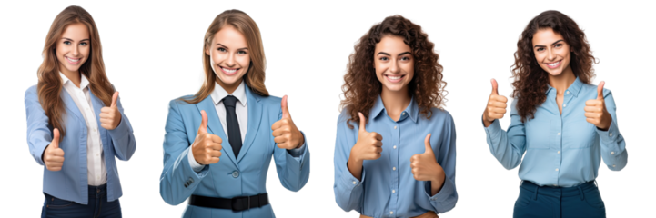 Collection of PNG. Woman showing thumbs up sign isolated on a transparent background.