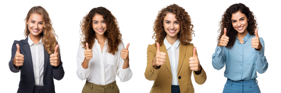 Collection of PNG. Woman showing thumbs up sign isolated on a transparent background.
