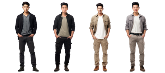 Collection of PNG. Portrait of a handsome young asian man standing isolated on a transparent background.