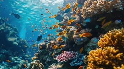 Naklejka na ściany i meble Vibrant Underwater Coral Reef with Tropical Fish